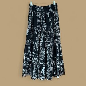 Boho Peasant Skirt Sheer Lined Elastic Waist Black Cream Abstract Print Flowy